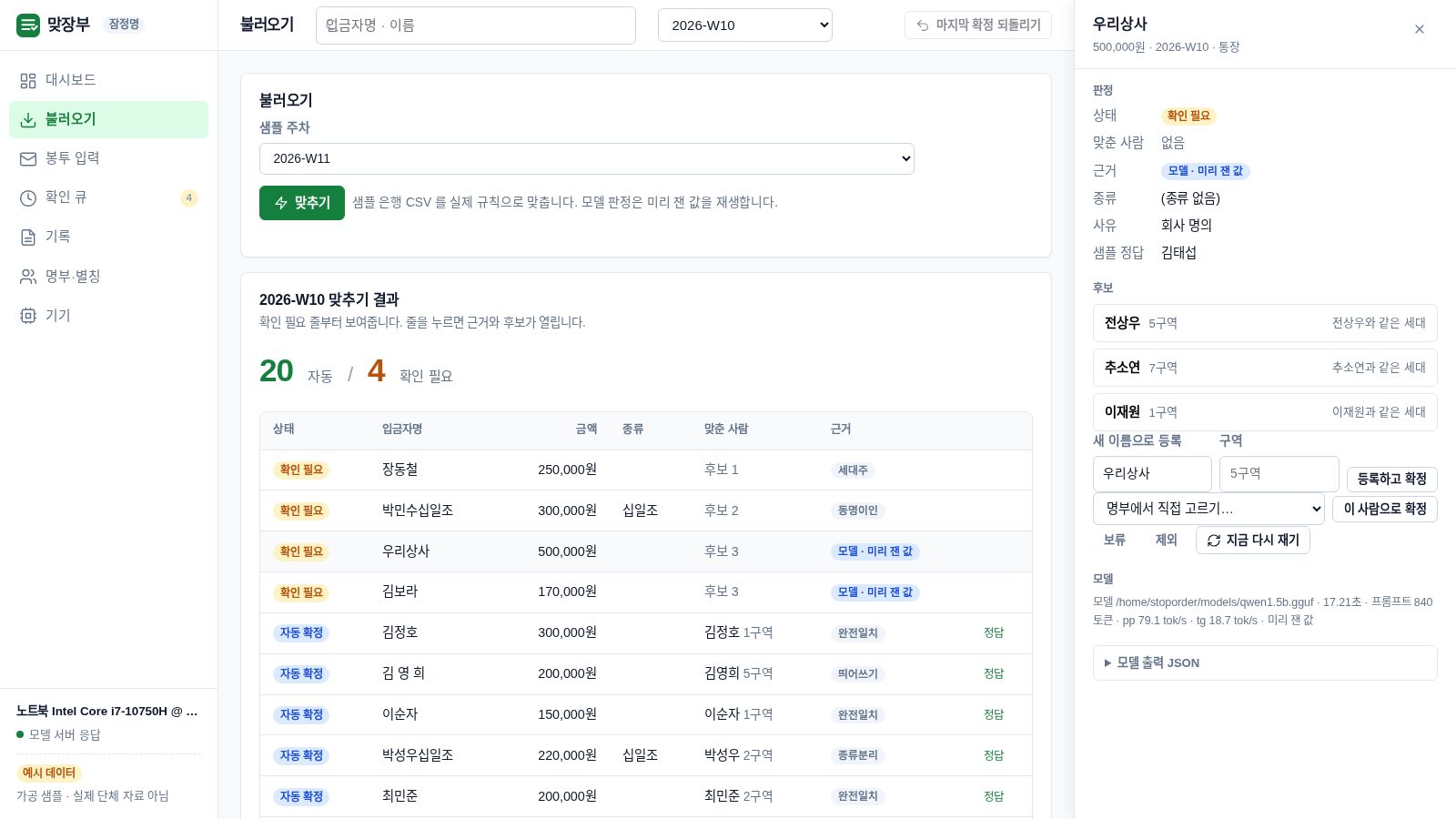 맞장부 앱 화면 — 은행 내역 24줄을 맞춘 결과. 자동 20, 확인 필요 4로 갈라지고, 오른쪽 상세 패널에 회사 명의 입금 「우리상사」의 후보와 모델 근거, 확정 버튼이 보인다